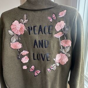 Minnie Rose Olive Green Button-Up Jacket with adorable patchwork on back